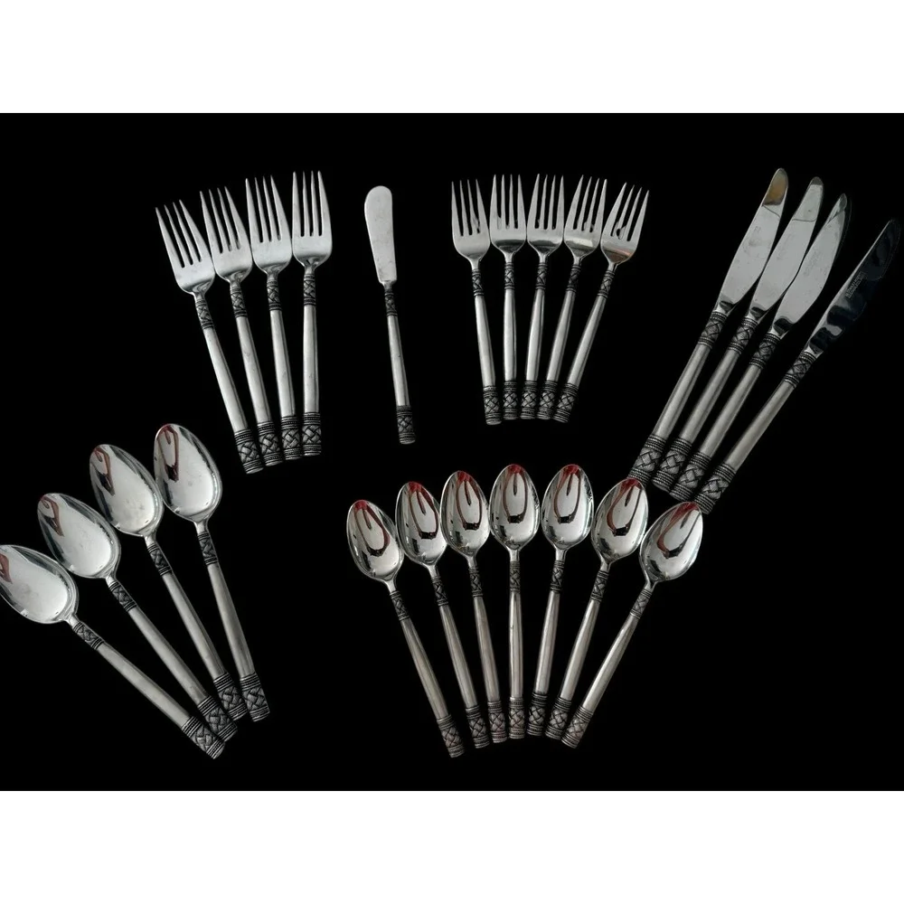 VTG Stanley Roberts Stainless Japan Flatware Set 25 Pc Leaf Rope Service 4 Uniqu